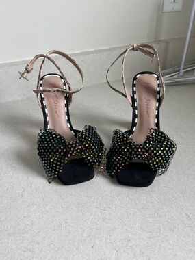 Betsey Johnson Black Heels with Multicolor Crystal Bow and Rose Gold Strap